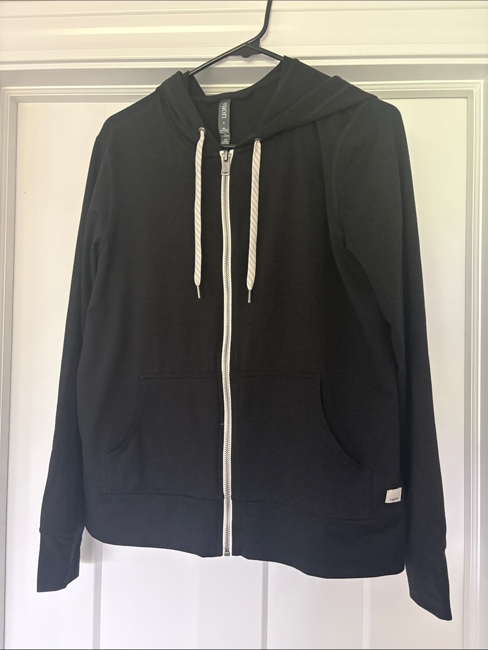 Vuori Black Zip-Up Hoodie with White Drawstrings